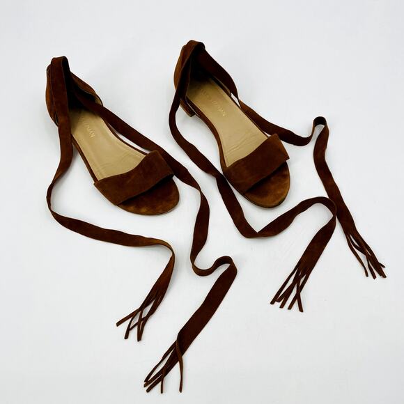 Stuart Weitzman Suede Brown Wrap Sandal Flats - Picture 2 of 8